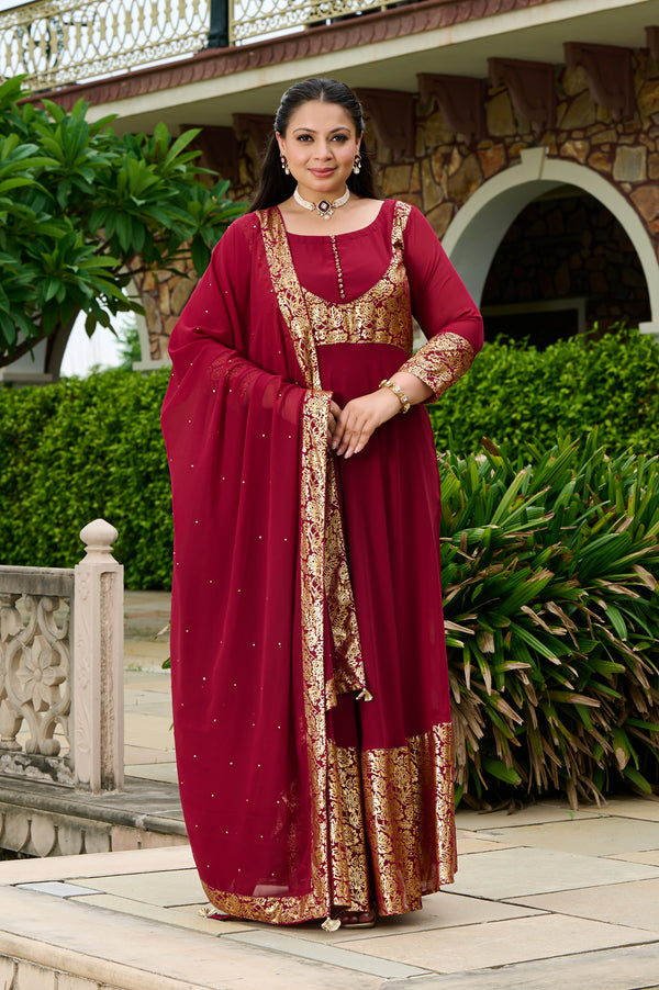 Plus Size Elegant Maroon Foil Printed Anarkali Set with Dupatta