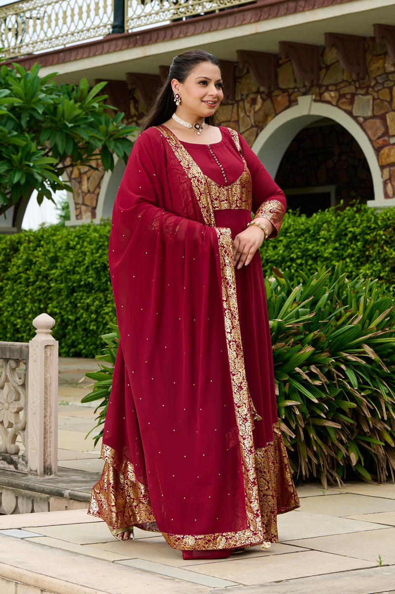 Plus Size Elegant Maroon Foil Printed Anarkali Set with Dupatta