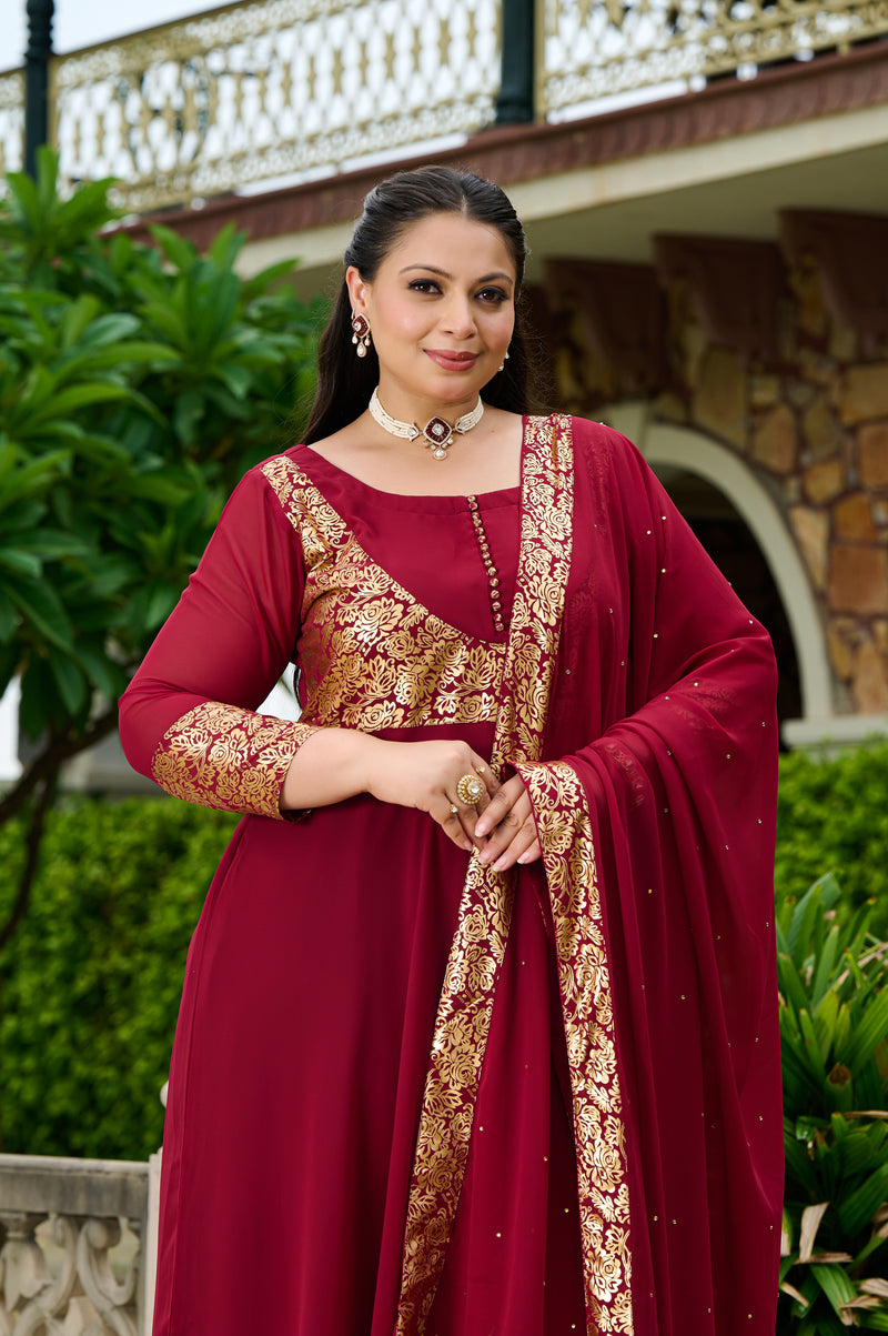 Plus Size Elegant Maroon Foil Printed Anarkali Set with Dupatta