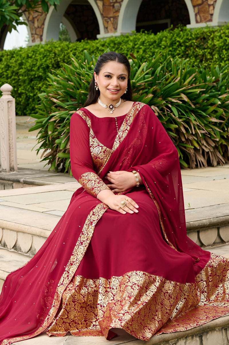 Plus Size Elegant Maroon Foil Printed Anarkali Set with Dupatta