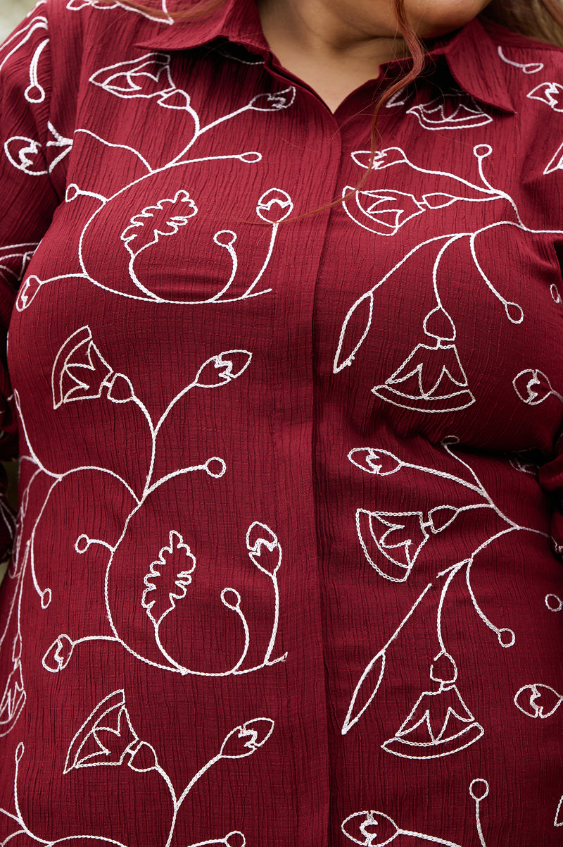 Plus Size Guldaasta Maroon Aari Embroidered Co-ord Set