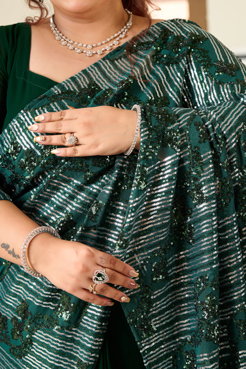 Plus Size Emerald Sequin Ready-to-Wear Drape Saree with Stitched Blouse