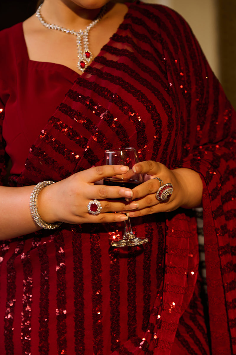Plus Size Rouge Radiance Timeless Maroon Sequin Ready to Wear Drape Saree