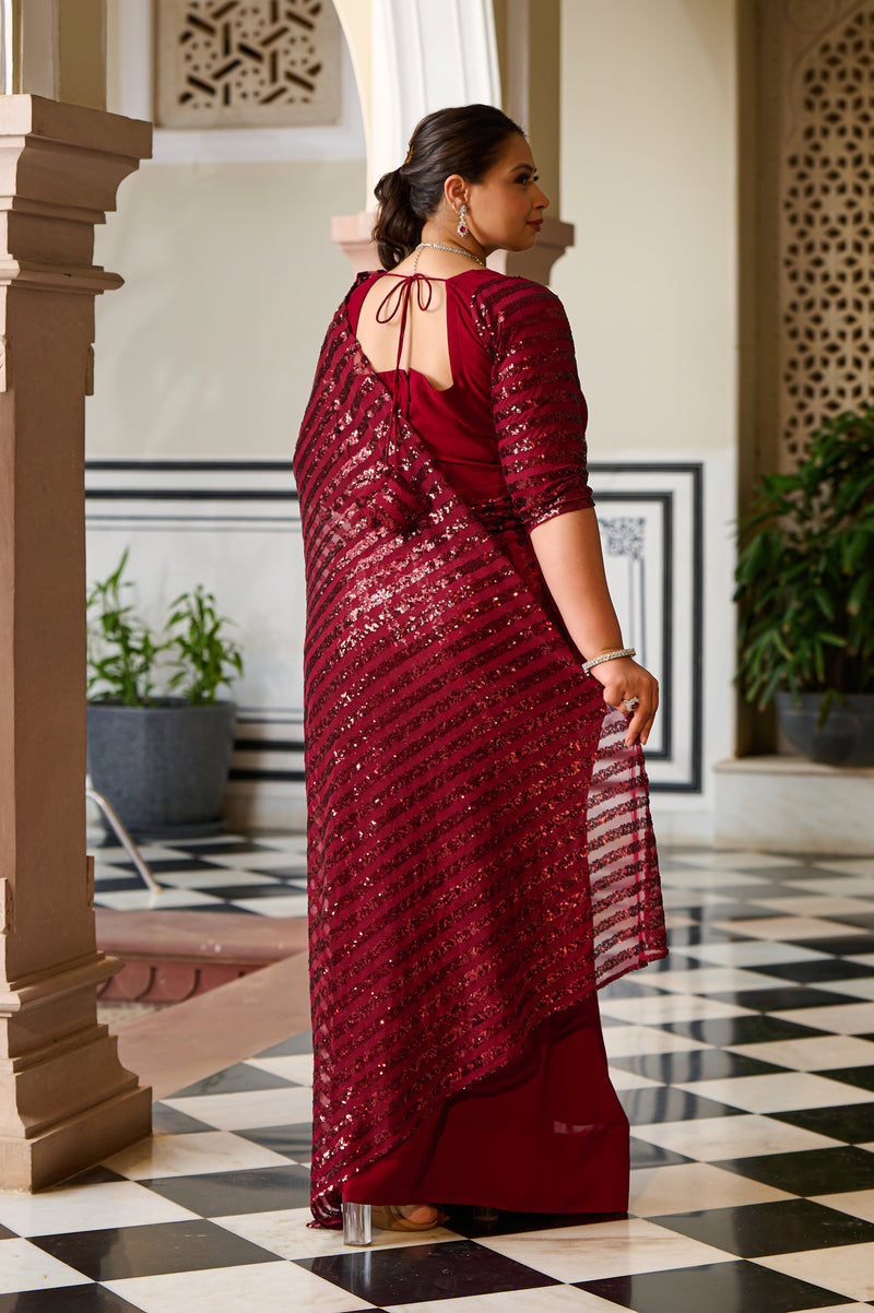 Plus Size Rouge Radiance Timeless Maroon Sequin Ready to Wear Drape Saree
