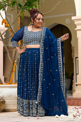 Plus Size Teal Noir Embroidered Georgette Lehenga Choli with Sheer Dupatta