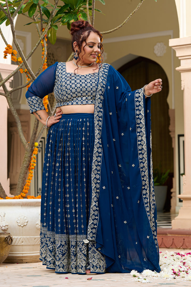 Plus Size Teal Noir Embroidered Georgette Lehenga Choli with Sheer Dupatta