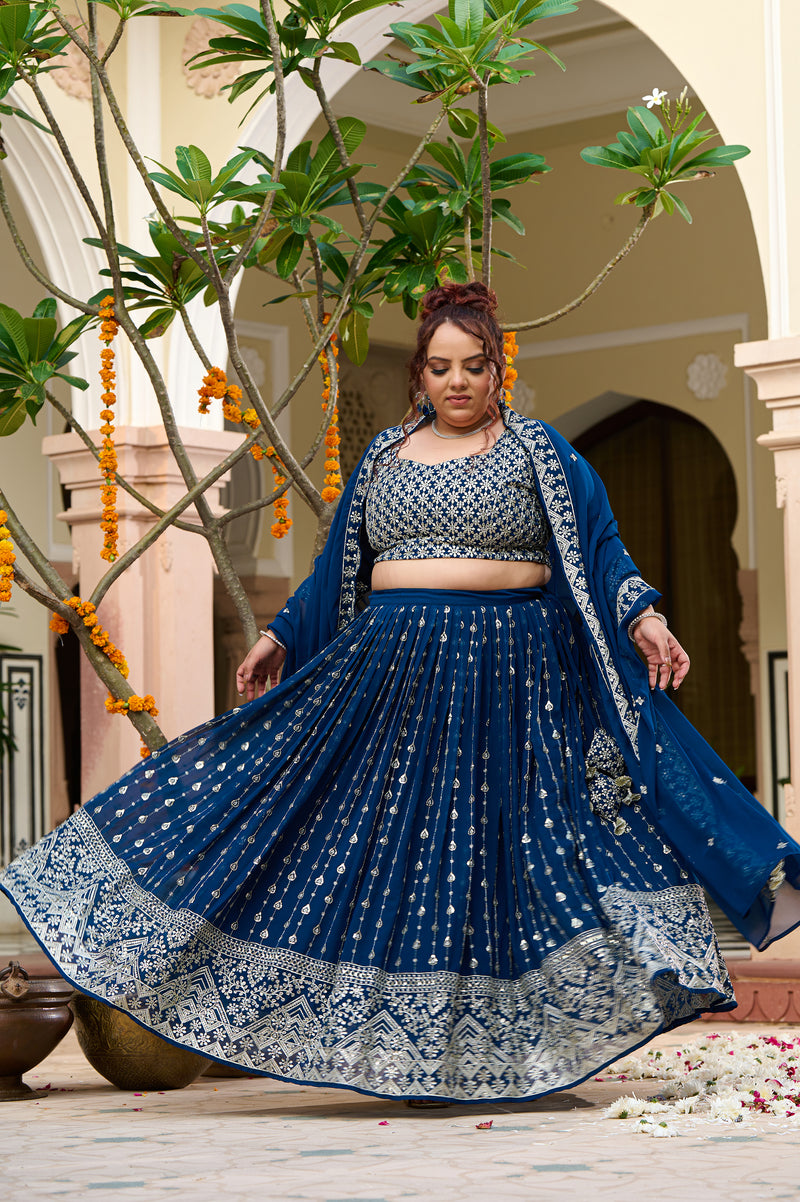 Plus Size Teal Noir Embroidered Georgette Lehenga Choli with Sheer Dupatta