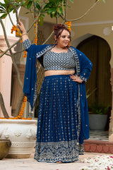 Plus Size Teal Noir Embroidered Georgette Lehenga Choli with Sheer Dupatta