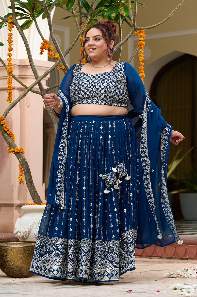 Plus Size Teal Noir Embroidered Georgette Lehenga Choli with Sheer Dupatta