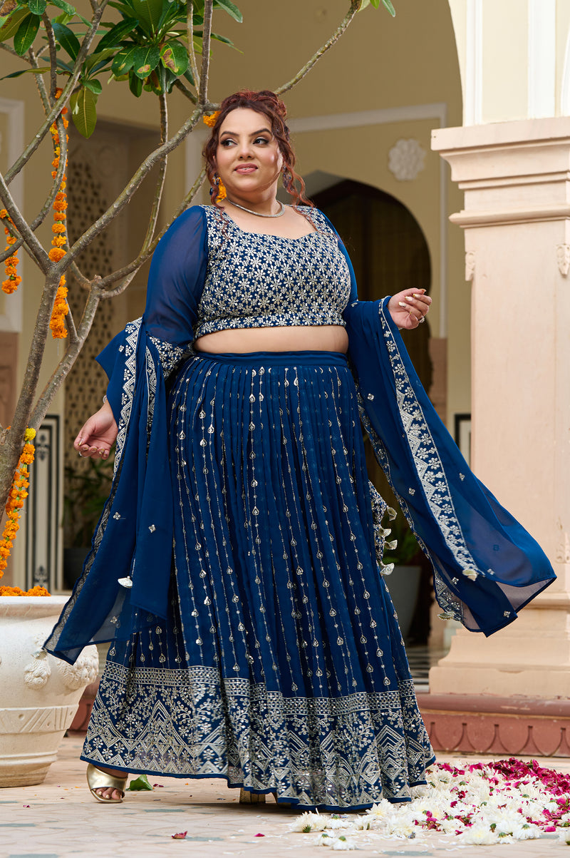 Plus Size Teal Noir Embroidered Georgette Lehenga Choli with Sheer Dupatta