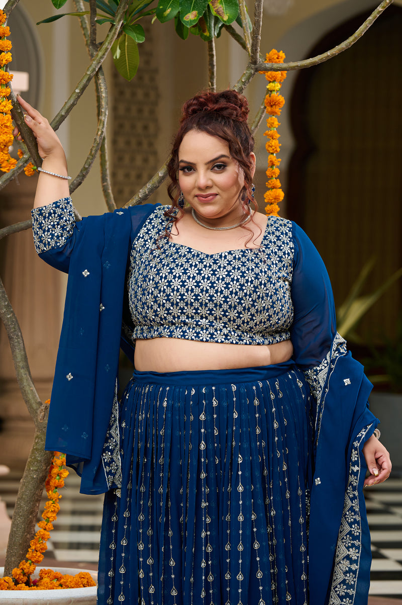 Plus Size Teal Noir Embroidered Georgette Lehenga Choli with Sheer Dupatta