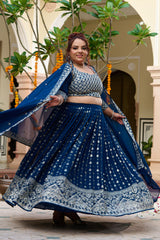 Plus Size Teal Noir Embroidered Georgette Lehenga Choli with Sheer Dupatta