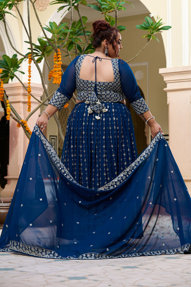 Plus Size Teal Noir Embroidered Georgette Lehenga Choli with Sheer Dupatta