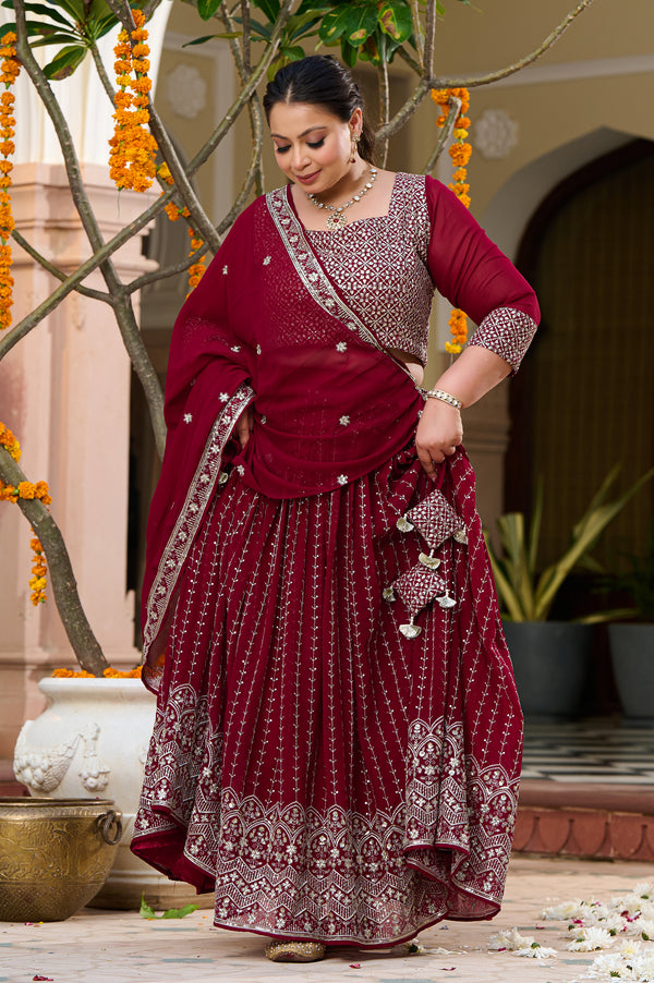 Plus Size Festive Stunner Maroon Majesty Embroidered Lehenga Choli with Dupatta Set