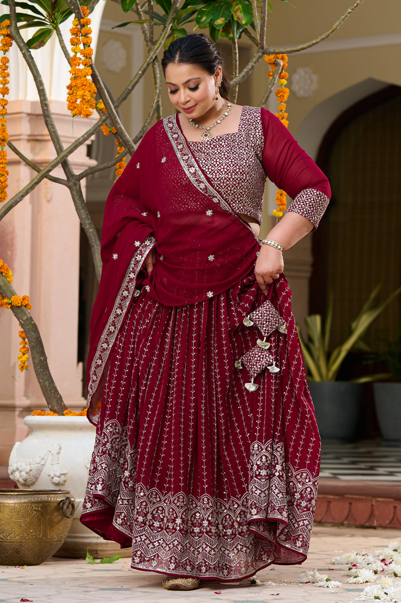 Plus Size Festive Stunner Maroon Majesty Embroidered Lehenga Choli with Dupatta Set