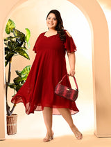 Plus Size Maroon Cold Shoulder Georgette Dress