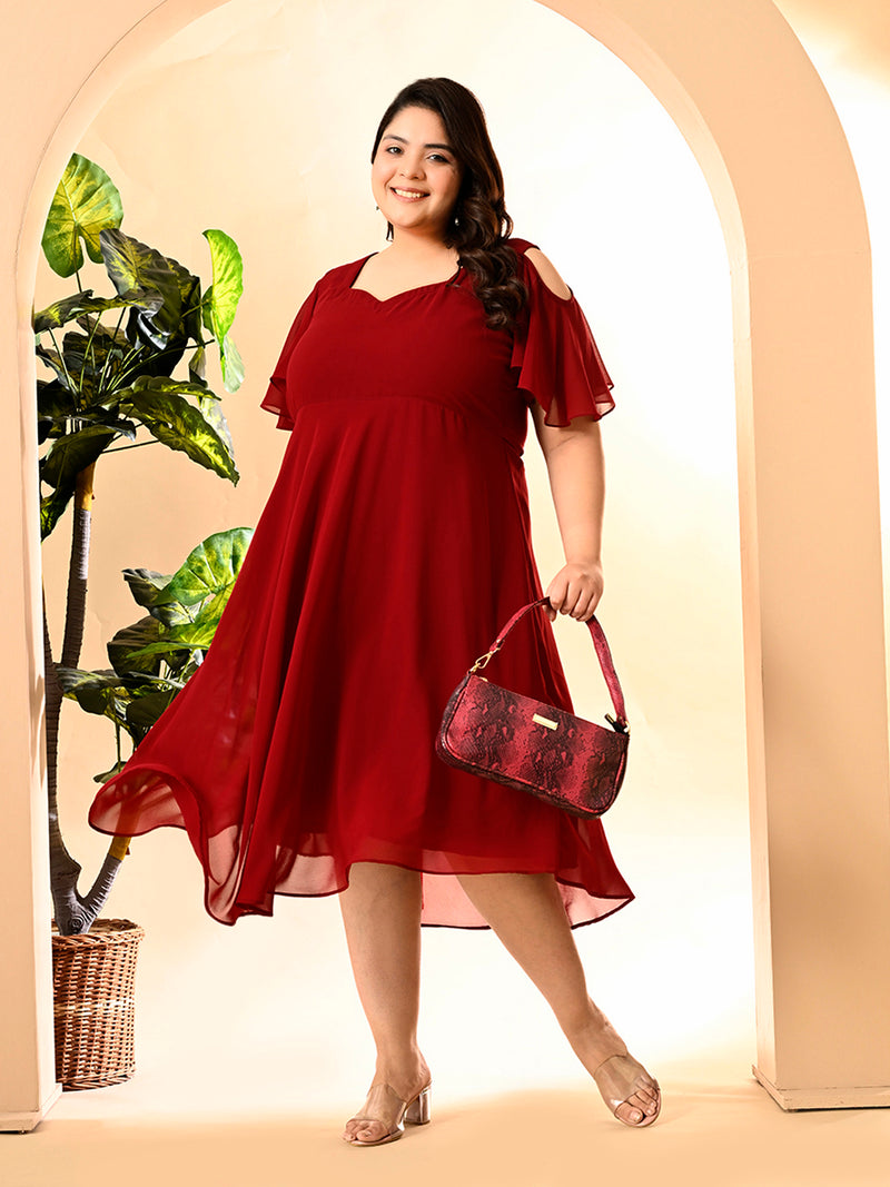 Plus Size Maroon Cold Shoulder Georgette Dress