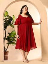 Plus Size Maroon Cold Shoulder Georgette Dress