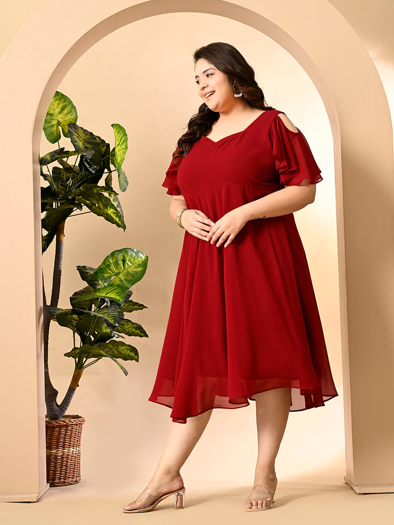 Plus Size Maroon Cold Shoulder Georgette Dress