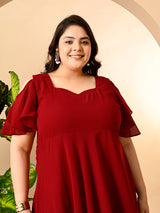 Plus Size Maroon Cold Shoulder Georgette Dress