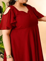 Plus Size Maroon Cold Shoulder Georgette Dress