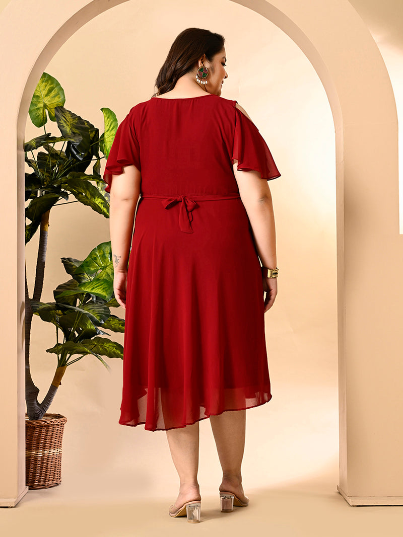 Plus Size Maroon Cold Shoulder Georgette Dress