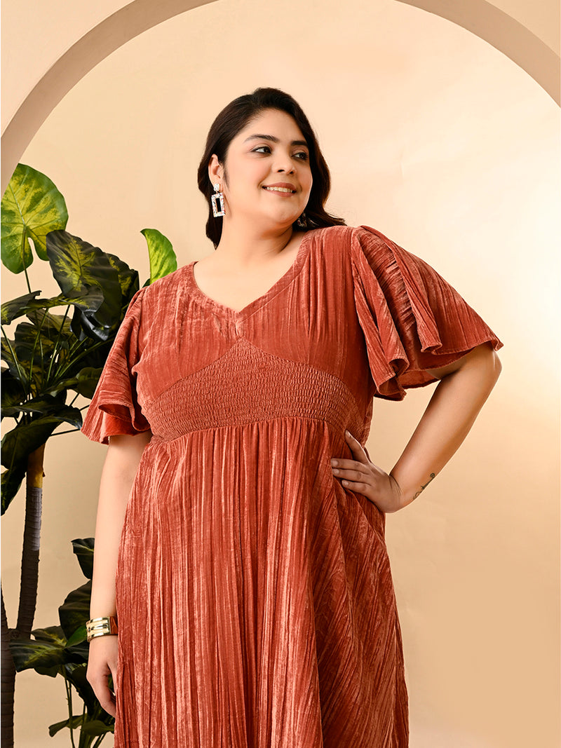 Plus Size Peach Crush Velvet Midi Dress