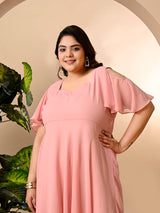 Plus Size Pink Cold Shoulder Georgette Dress