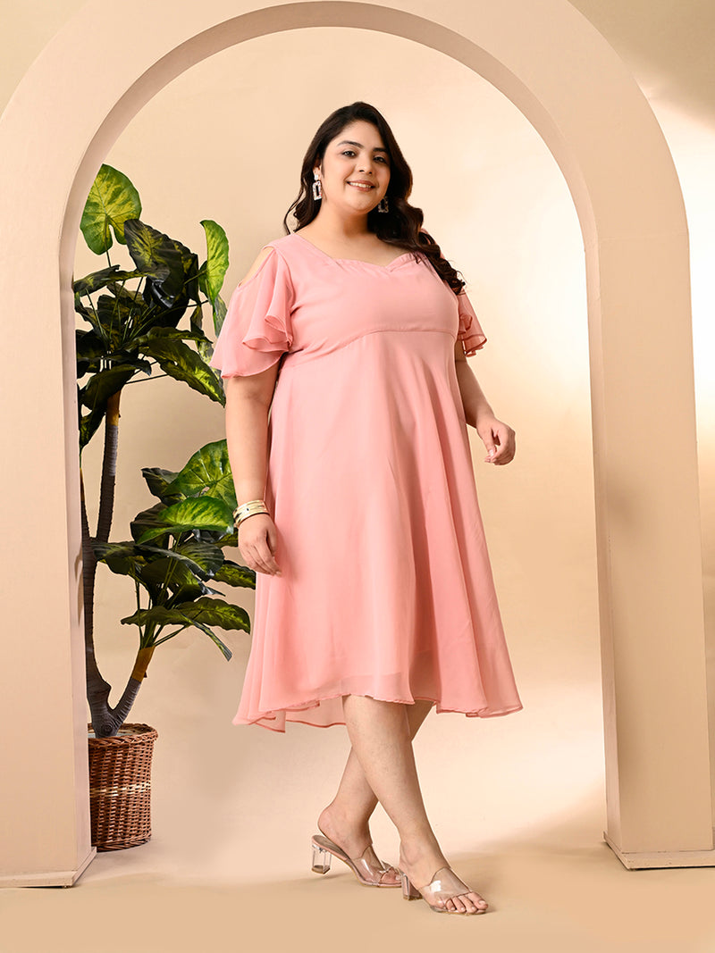 Plus Size Pink Cold Shoulder Georgette Dress