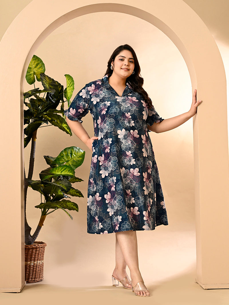 Plus Size Teal Blue Floral Velvet Dress