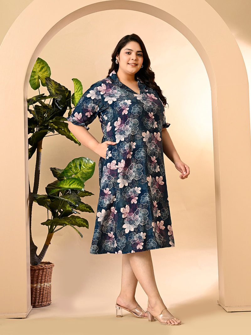 Plus Size Teal Blue Floral Velvet Dress