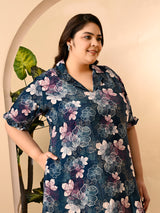 Plus Size Teal Blue Floral Velvet Dress