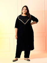 Plus Size Navy Blue Embellished Velvet Kurta Set with Dupatta