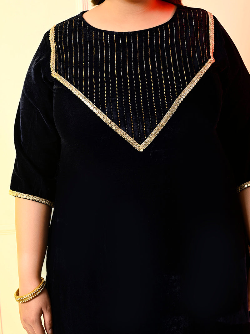 Plus Size Navy Blue Embellished Velvet Kurta Set with Dupatta