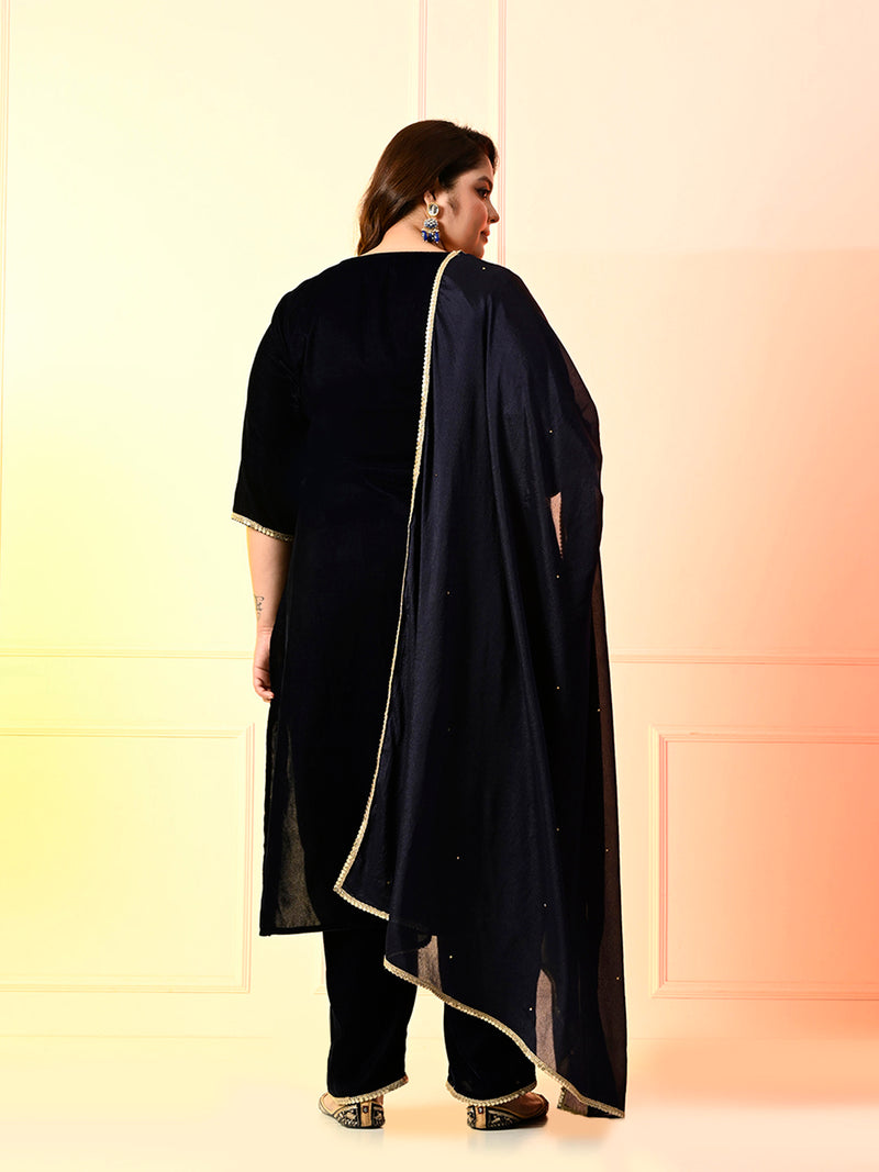 Plus Size Navy Blue Embellished Velvet Kurta Set with Dupatta