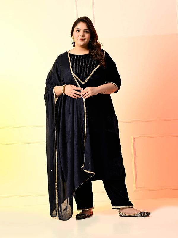 Plus Size Navy Blue Embellished Velvet Kurta Set with Dupatta