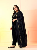 Plus Size Navy Blue Embellished Velvet Kurta Set with Dupatta