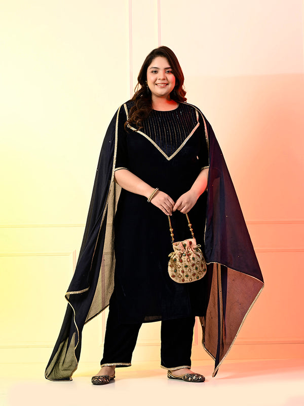 Plus Size Navy Blue Embellished Velvet Kurta Set with Dupatta