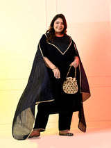 Plus Size Navy Blue Embellished Velvet Kurta Set with Dupatta