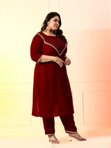 Plus Size Maroon Embellished Velvet Kurta Set with Dupatta