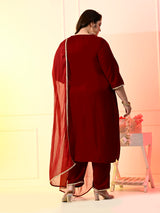 Plus Size Maroon Embellished Velvet Kurta Set with Dupatta