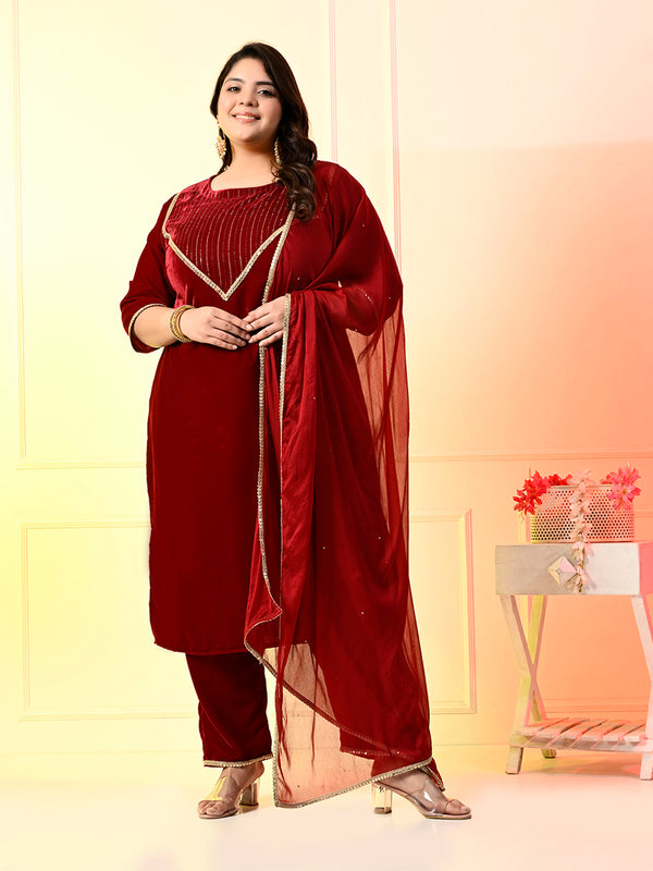 Plus Size Maroon Embellished Velvet Kurta Set with Dupatta