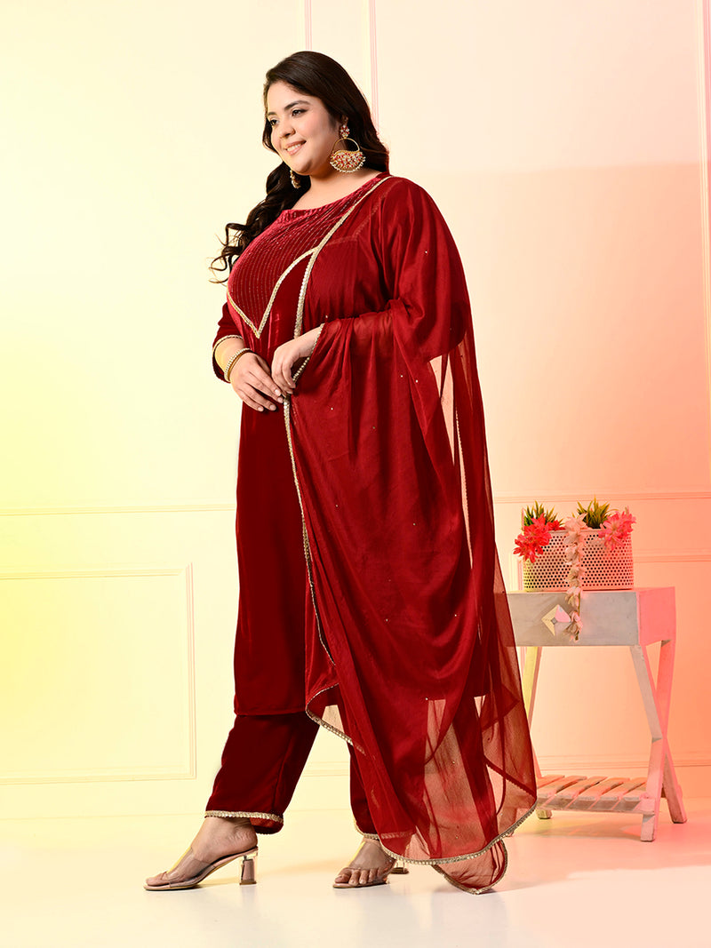 Plus Size Maroon Embellished Velvet Kurta Set with Dupatta