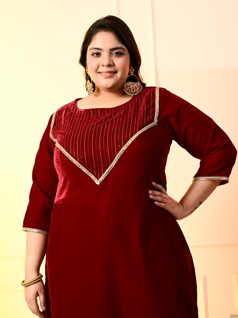 Plus Size Maroon Embellished Velvet Kurta Set with Dupatta