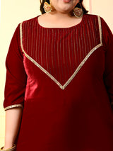 Plus Size Maroon Embellished Velvet Kurta Set with Dupatta