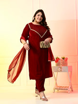 Plus Size Maroon Embellished Velvet Kurta Set with Dupatta