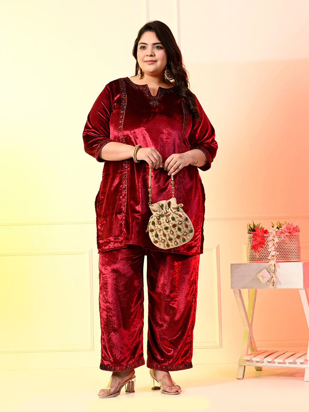 Plus Size Rani Pink Silk Velvet Co-ord Set – DESINOOR.COM