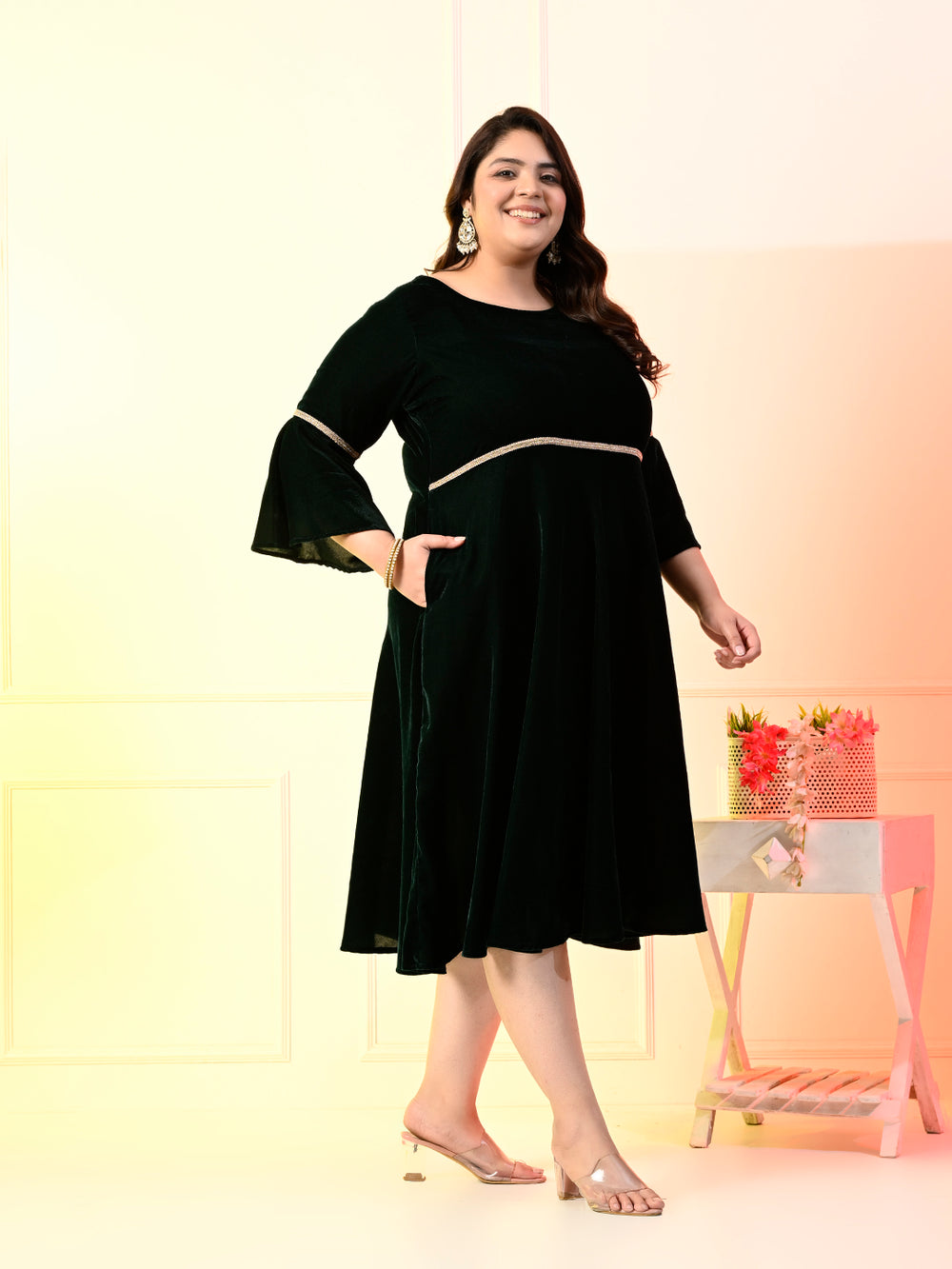 Plus Size Bottle Green Velvet Lace Dress – DESINOOR.COM