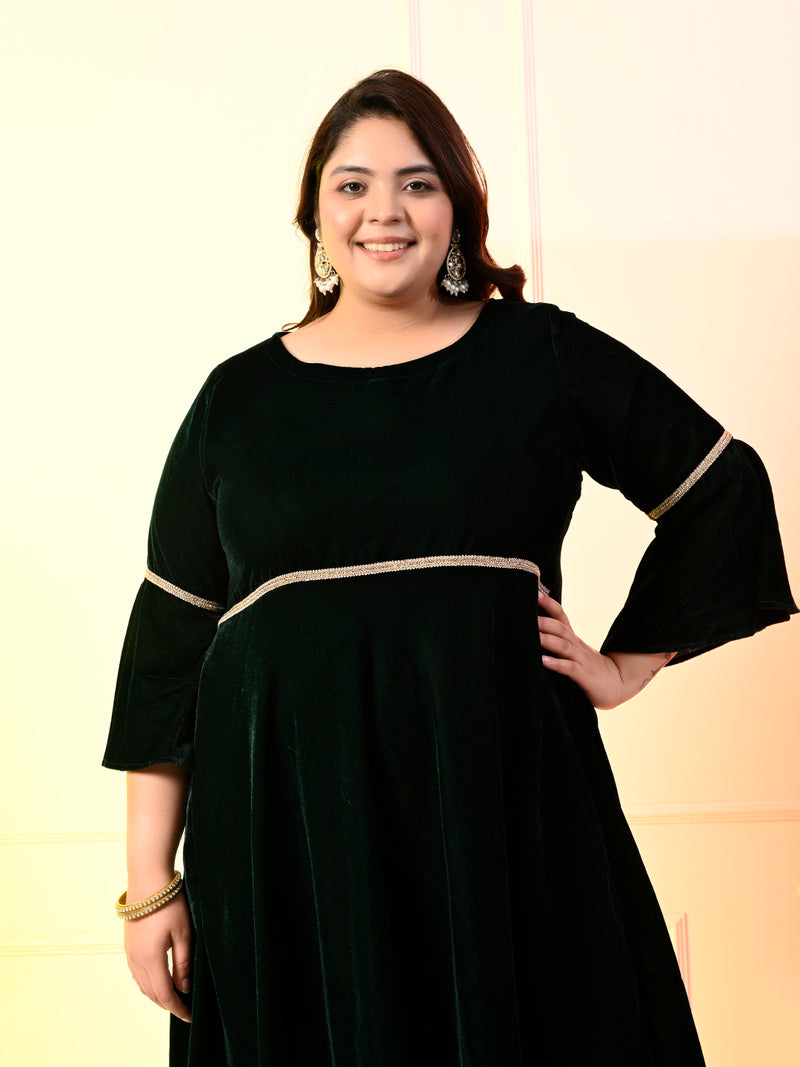 Plus Size Bottle Green Velvet Lace Dress