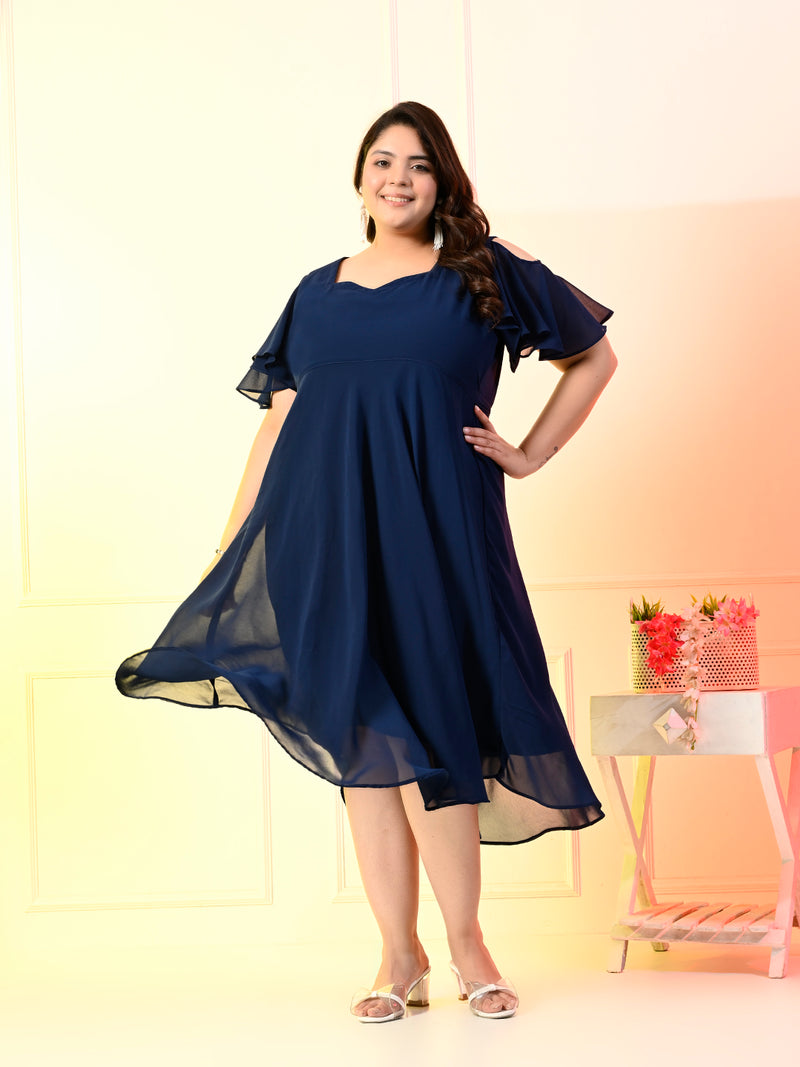 Plus Size Teal Blue Cold Shoulder Georgette Dress